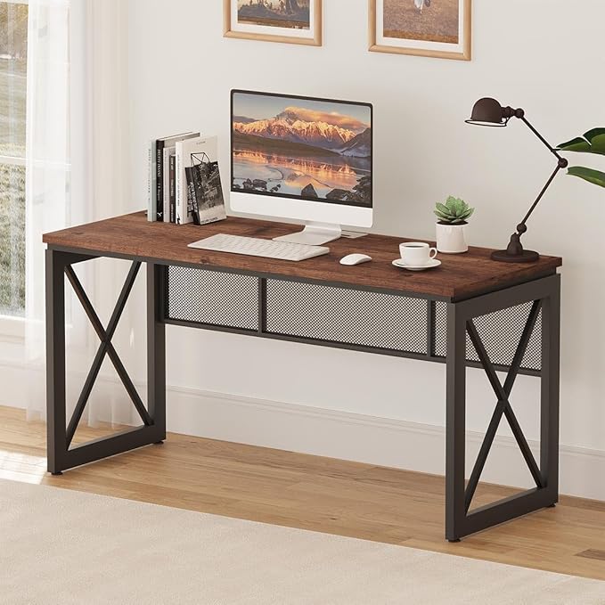 BON AUGURE 60 Inch Computer Desk for Home Office, Industrial Metal Wood Desks, Farmhouse Large Writing Table, Modern Sturdy Gaming Desk (Rustic Oak)