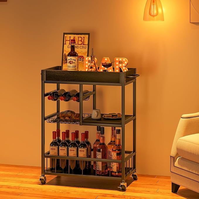 Bar Cart with Basket 3 Tiers Home Rolling Wine Rack with Wheels Mobile Kitchen Industrial Vintage Style Wood Metal Serving Trolley Serving Cart,Black Frame Home Kitchen Shelf for Party