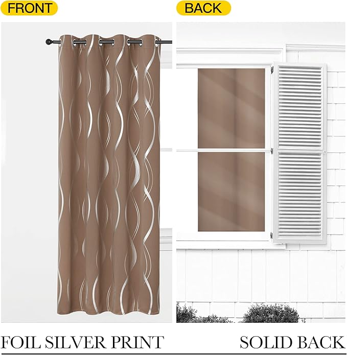 NICETOWN Extra Long Blackout Curtains for Large Window, Foil Printed Wave Lines Energy Saving Thermal Insulated Draperies for Kids Nursery Boys Bedroom (Cappuccino, 1 Pair, 52 inches by 108 inches)