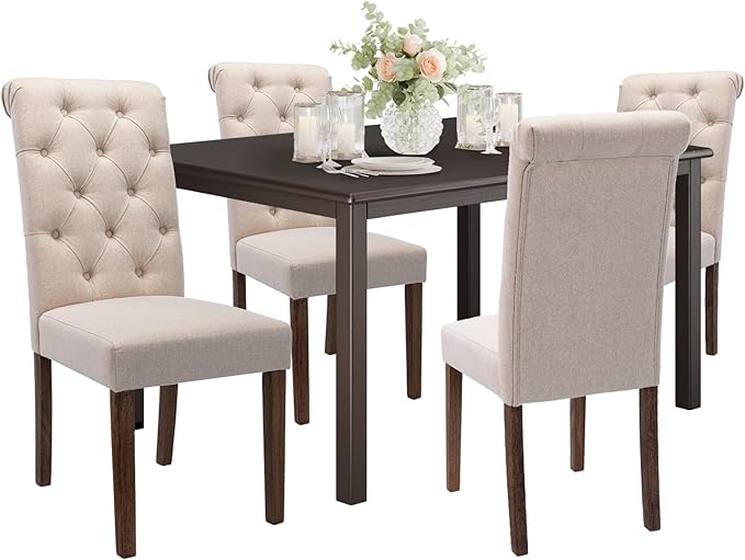COLAMY 5-Piece Dining Table Set for 4, 60" Rectangular Farmhouse Kitchen Wood Table with 4 Tufted Dining Room Chairs, Brown/Beige