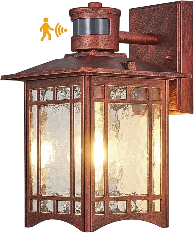 Dusk to Dawn Motion Sensor Outdoor Lights - Dark red Exterior Light Fixture Wall Mount for Outside House Porch Patio Garage - Yard Front Motion Detector Lantern - Waterproof Anti-Rust Lighting