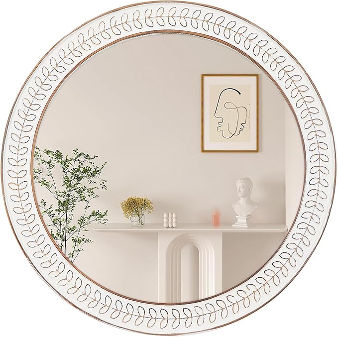 24 inch Round Rustic Wooden Mirrors, Distressed Circle Mirror for Bathroom, Bedroom, Living Room, Entryway, Fireplace, Hall