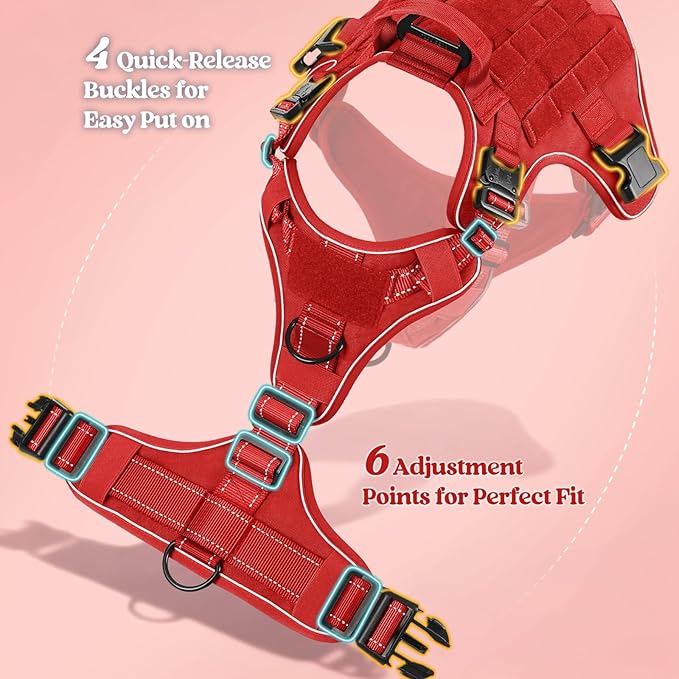 rabbitgoo Tactical Dog Harness Medium Large Sized, No Pull Upgraded Reflective Heavy Duty Molle Vest with Handle, Adjustable Military Service Dog Vest for Walking Hiking Training, Red, M