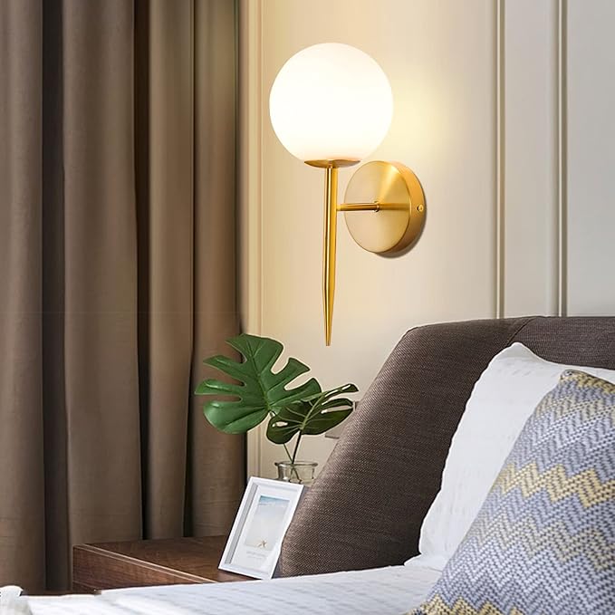 SeeU Brass Wall Sconces Mid Century Style Set of 2,Gold Wall Lamp Fixture,Vanity Light Fixture Wall Lamp with Milky Frosted Globe