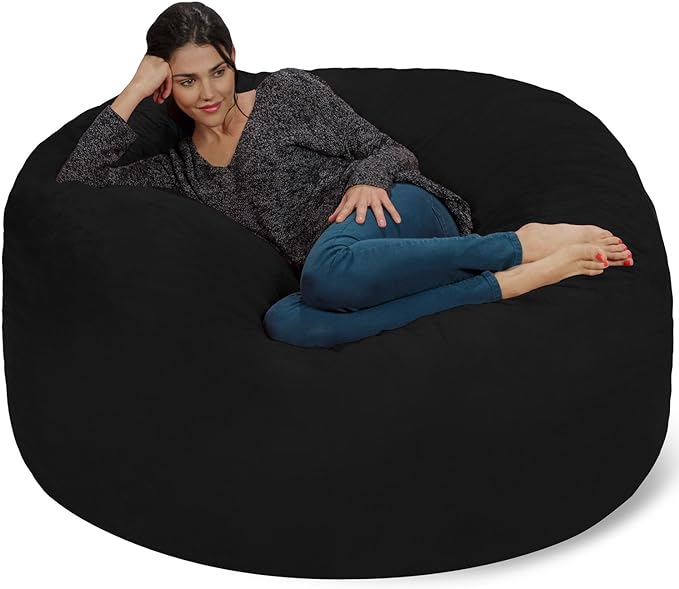 Chill Sack Bean Bag Chair - 5' Giant Memory Foam Lounge Chair with Soft Microfiber Cover – Cozy Furniture for Living Room, Dorm, & Kids' Rooms – Comfortable 5 Ft, Microsuede Lounge Sofa, Black