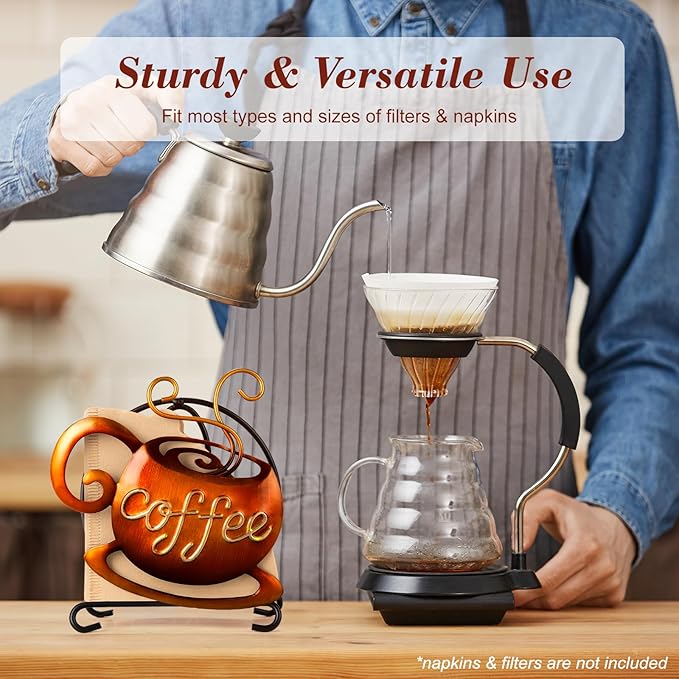 Coffee Napkin Holder for Table - Coffee Bar Decor Filter Holder for Counter, Tissue Napkin Dispenser Table Decor for Kitchen Home, Housewarming Gifts for Women, 3D Handmade Pattern, Metal