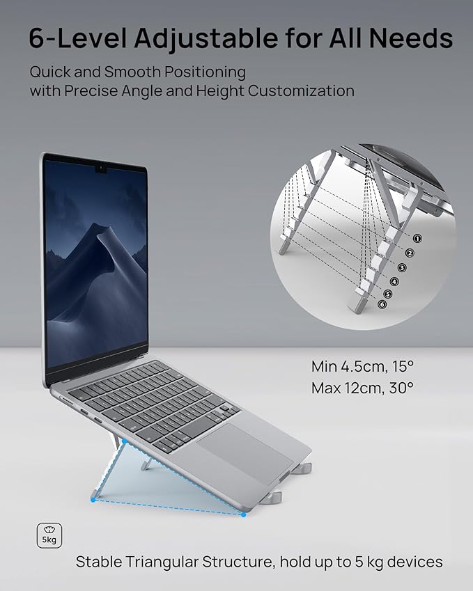 SODI Ultra Compact Foldable Laptop Stand - Portable Laptop Holder for Desk & Travel Use, Ergonomic Aluminum Computer Holder with Adjustable Height for MacBook, Tablet 10-16" (Light Gray, Bi-Fold)