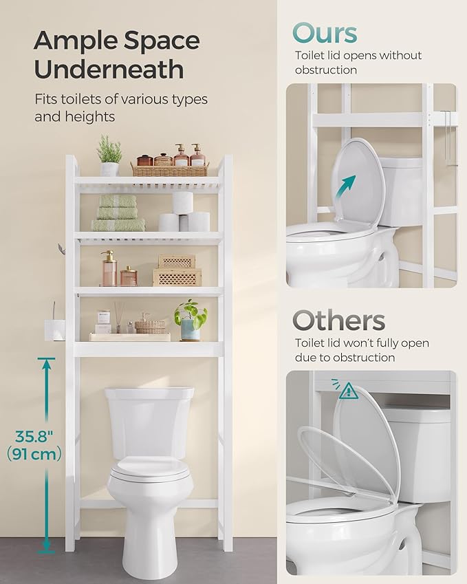 SONGMICS Over The Toilet Storage, 4-Tier Over Toilet Bathroom Organizer with Adjustable Shelves, 10.2 x 24.8 x 72.8 Inches, Space-Saving, Cloud White UBTS041W01