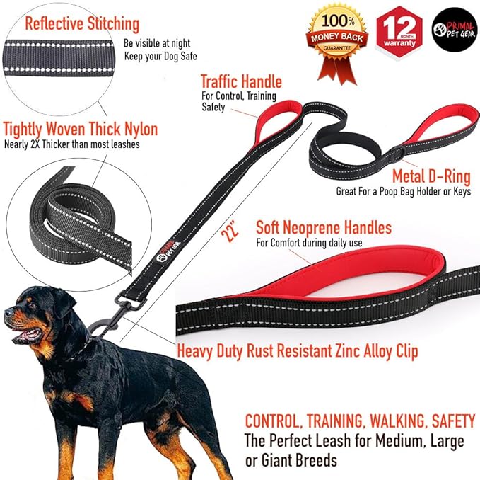 Primal Pet Gear Dog Leash 6ft Long,Traffic Padded Two Handle,Heavy Duty,Reflective Double Handles Lead for Control Safety Training,Leashes for Large Dogs or Medium Dogs,Dual Handles Leads(Black)