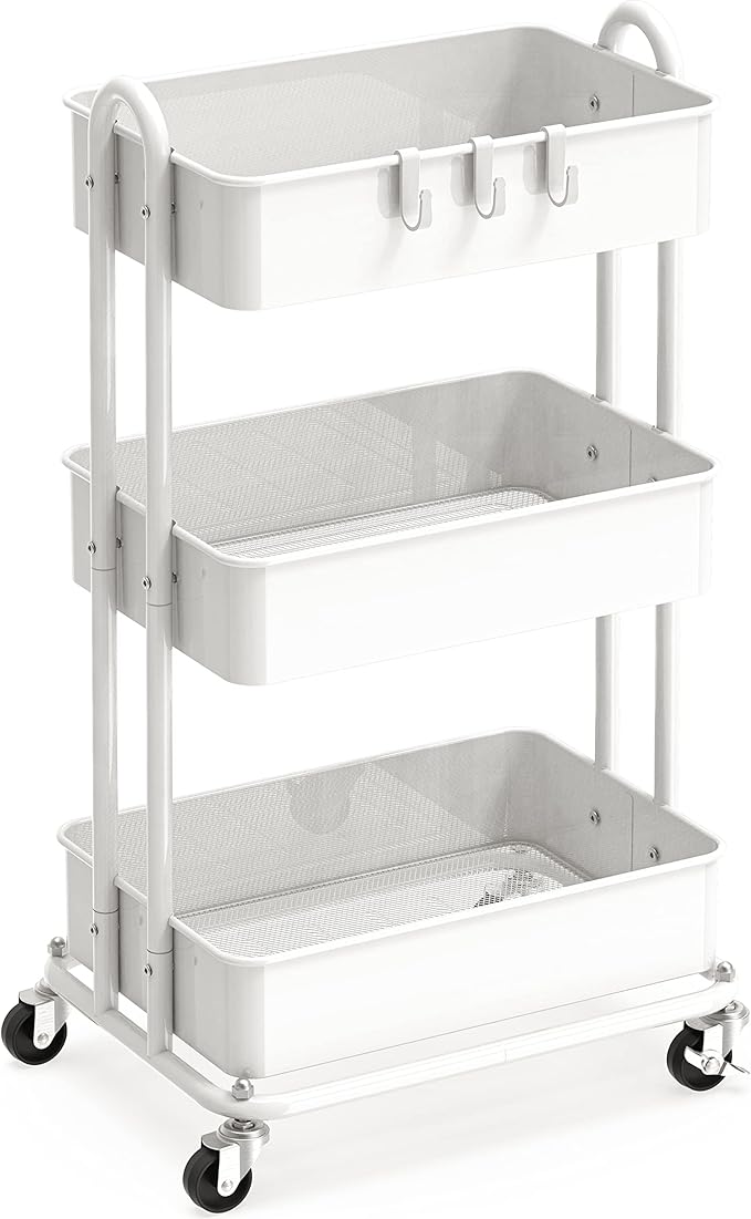 Simple Houseware 3-Tier Heavy Duty Metal Utility Rolling Cart, White