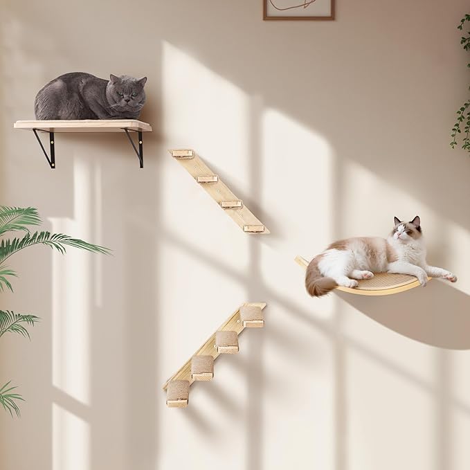 Wood Cat Wall Bed with Sisal Mat ??Curved Cats Shelf for Scratching and Sleeping, Wall Mounted Cat Furniture for Large Cats