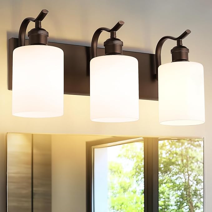 3 Light Bathroom Vanity Light, Morden Vanity Lighting Fixtures Over Mirror Oil Rubbed Bronze Bathroom Sconces Wall Lighting with Milky White Frosted Shade ZCVL01ORBW-3