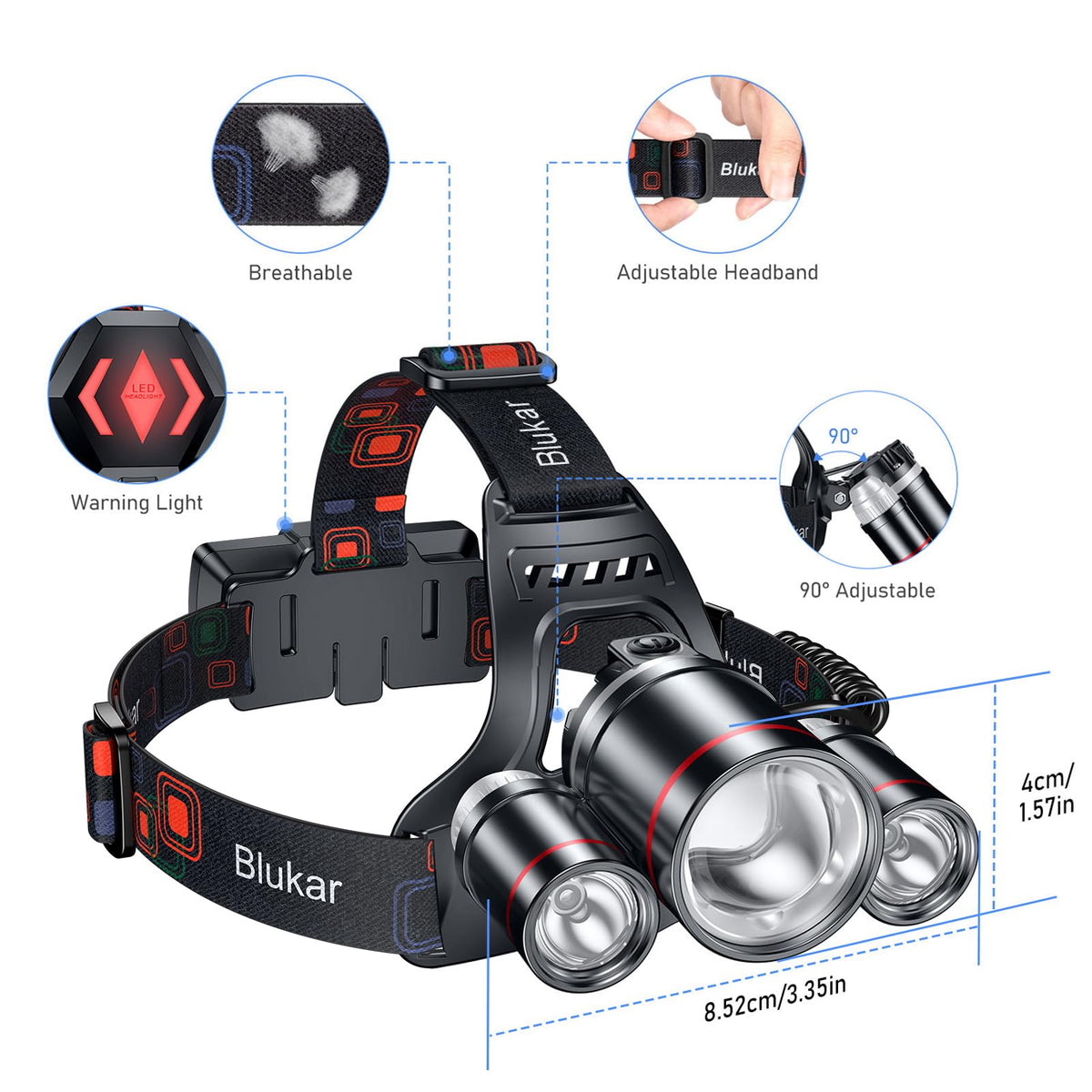 Blukar Rechargeable LED Headlamp | Hands-Free Camping Light