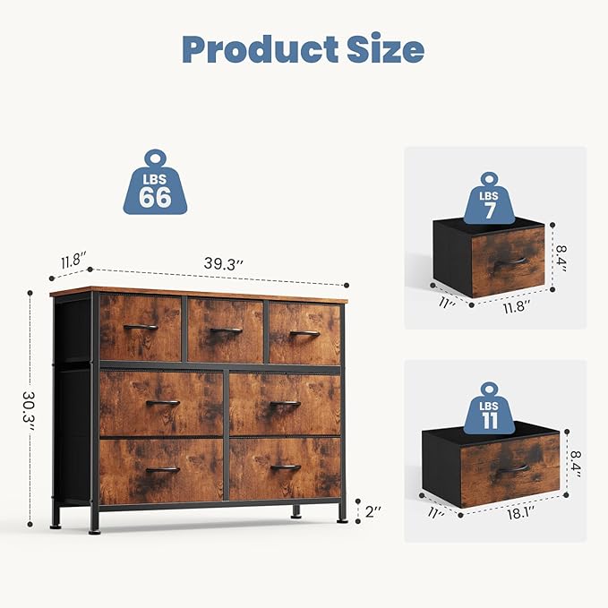 DUMOS Dresser for Bedroom with 7 Drawers, Storage Organizer Units Furniture, Chest Tower TV Stand with Fabric Bins, Metal Frame, Wooden Top for Nursery, Living Room, Bedroom, Closet, Brown