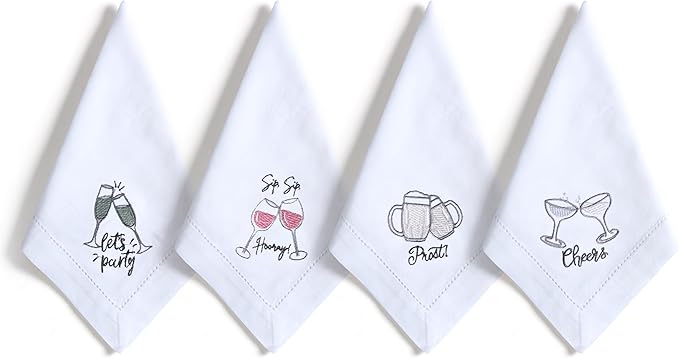 Bedding Craft Cotton Cloth Dinner Napkins Set of 12 – 18x18 Embroidered Motif with Decorative Hemstitch – Machine Washable Fabric Napkins for Weddings, Baby Showers, Christmas & Parties