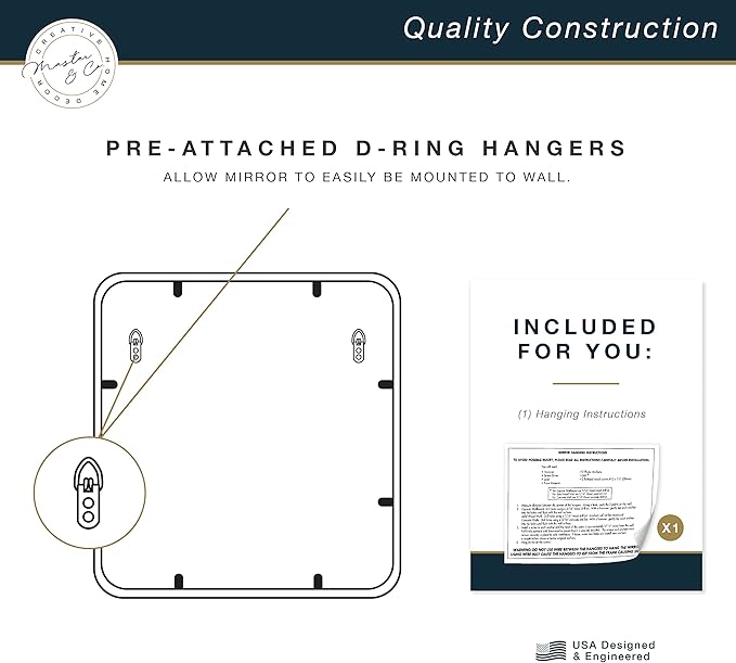 MCS Master & Co. Modern Metal Large Wall Mirror, Minimalist Home Decor Square Mirror with Rounded Corners for Living Room, Bedroom, or Bathroom, Black, 24 x 24 in