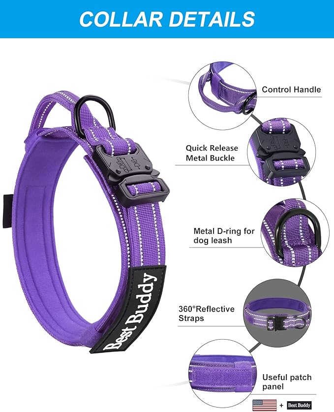 AUBELL Tactical Dog Collar and Leash Set, Reflective Adjustable Heavy Duty Military K9 Collars with Handle and Metal Buckle for Large Dogs, with Airtag Case and 2 Patches(Purple,L)