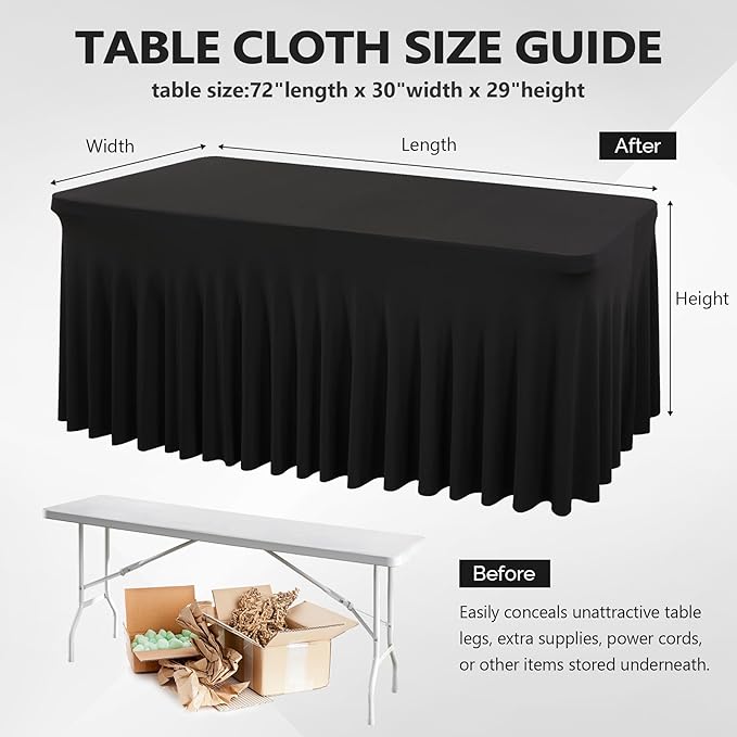 Wish Care 2 Pack Black Spandex Table Cloths - Fitted, Wrinkle Free, 6ft Rectangle Table Cover for Party, Banquet, Wedding & Events