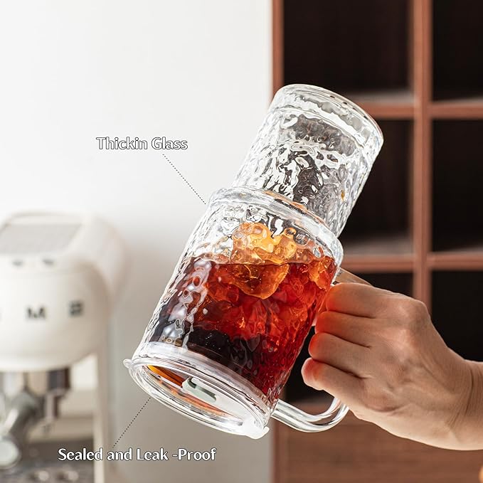 INSETLAN 26oz Water Ripple Glass Tumbler with Handle and Lid, Set of 2 – Reusable Iced Coffee Cups with Lids, Clear Glass Cups with Straw for Coffee, Smoothies, Tea, Juice – Perfect for any Occasion