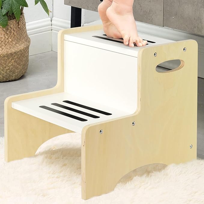 WOOD CITY Kids Step Stool for Toddler, Wooden Natural-White Patchwork Two Step Children's Stool with Handles, Bonus Non-Slip Pads for Safety, Bathroom Potty Stool & Kitchen Step Stools Dual Height