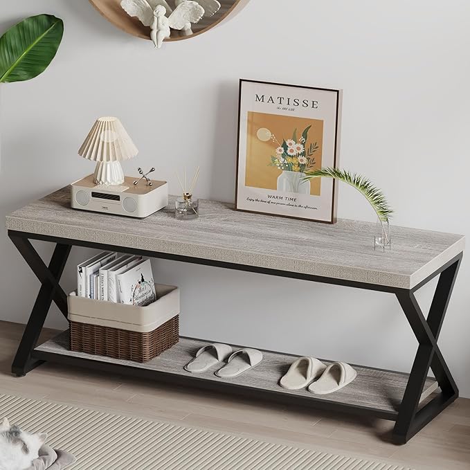 IBF Industrial Wood Entryway Bench, Indoor Farmhouse Hallway Accent Entry Bench for Seating Sitting with Storage, Metal Shoe Rack Grey Bench Organizer in Foyer Bedroom, Light Grey Oak, 47 Inch Long