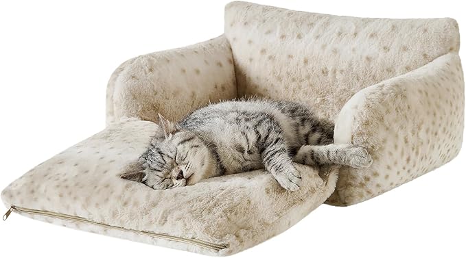 Hollypet Cat Bed Fluffy Plush Mutifuctional Double-Layer Soft Pet Couch Orthopedic Sofa Nest Beds for Small Cats and Dogs, Leopard (21x15x8 inch)