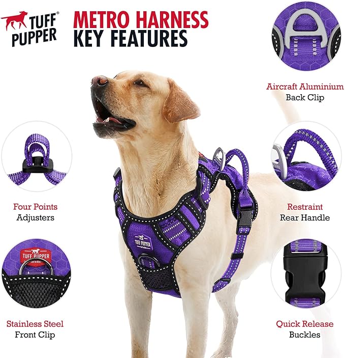 Tuff Pupper No Pull Easy Walk Dog Harness | Heavy Duty Pet Vest | Front & Back Leash Clips | Strong Safety Handle | Reflective Anti Pull Vest | Comfortable Padded Escape Proof Harness (Small, Purple)