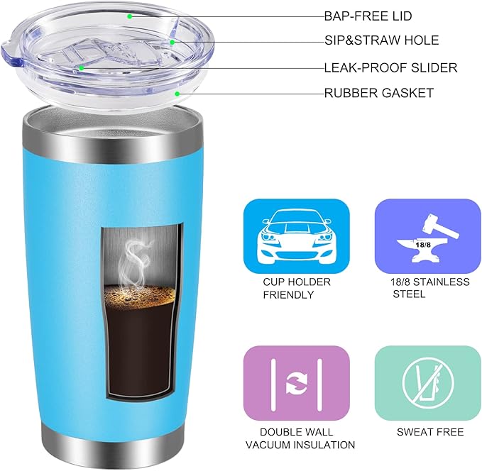 VEGOND 20oz Tumbler with Lid and Straw Stainless Steel Tumbler Cup Vacuum Insulated Double Wall Travel Coffee Mug Powder Coated Coffee Cup(Sky Blue 1 Pack)