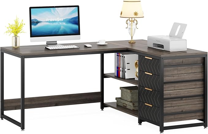 LITTLE TREE 59-Inch L Shaped Desk with Drawers, Large Computer Desk with Storage Shelves, Reversible L-Shaped Corner Desk Workstation for Home Office