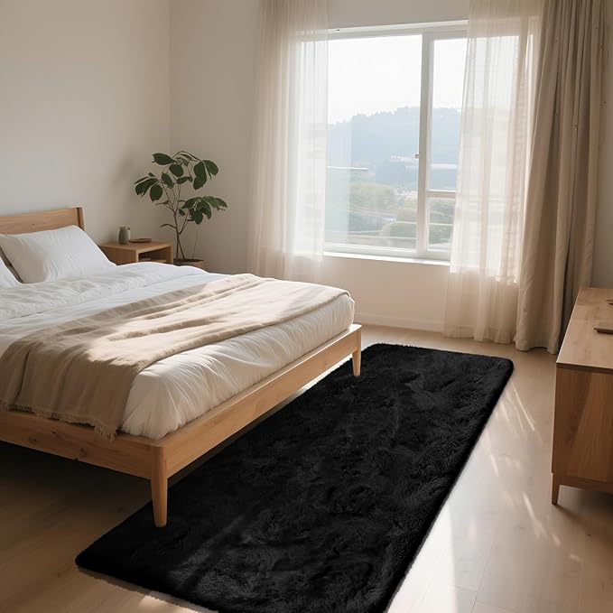Soft Runner Rugs for Bedroom, Black 3x7 Area Rugs Fluffy Rug Shaggy Area Rug Carpet, Bedside Rug for Living Room Bedroom Kids Room Home Decor