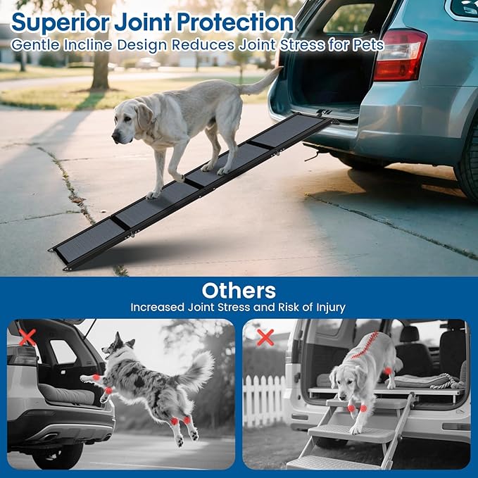 HBTower 63" Long & 17.3" Wide Folding Dog Ramp for Car, SUV & Truck – Portable Pet Ramp with Non-Slip Surface, Extra Wide Steps for Large Dogs Up to 250LBS