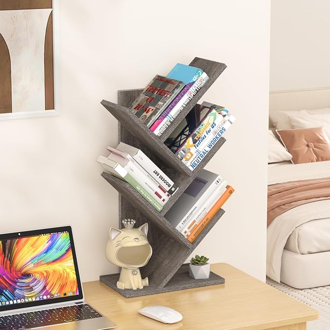 5 Tier Tree Book Shelf, Small Desktop Bookshelf with Storage Organizer, Wood Bookcase, Desk Display Bookshelves, Floor Standing Organizer Bookcases for Living Room,Bedroom,Office - Light Grey