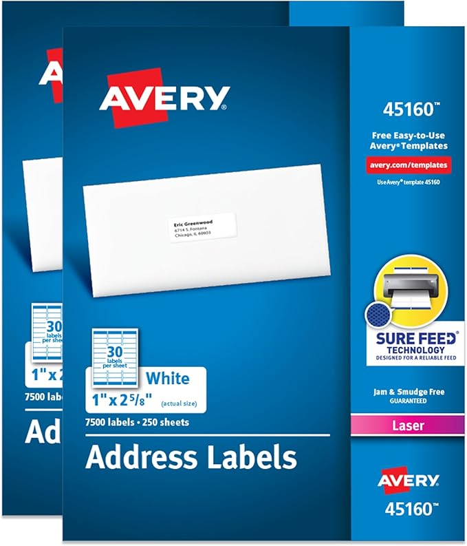 Avery Printable Address Labels with Sure Feed, 1" x 2-5/8" Customizable Stickers, White, 15,000 Blank Mailing Labels Total (2-Pack of 45160)