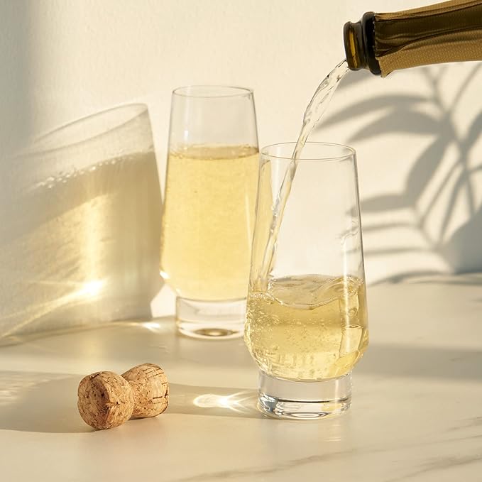 Viski Weighted Stemless Champagne Flutes - Modern Crystal Wine Martini Mimosa Cocktail Glasses Round Footed Base, Bar Fluted Glassware, Housewarming Wedding Champagne Gift - Set of 2, 9.5oz, Clear