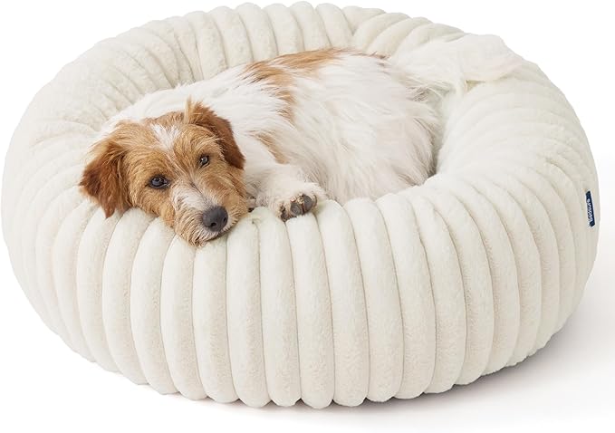 Bedsure Donut Small Dog Bed - Dog Beds for Small Dogs with Corduroy Fleece & Anti Slip Bottom, Round Faux Fur Pet Beds with Washable Removable Cover, Cream, 27x27x8 inches