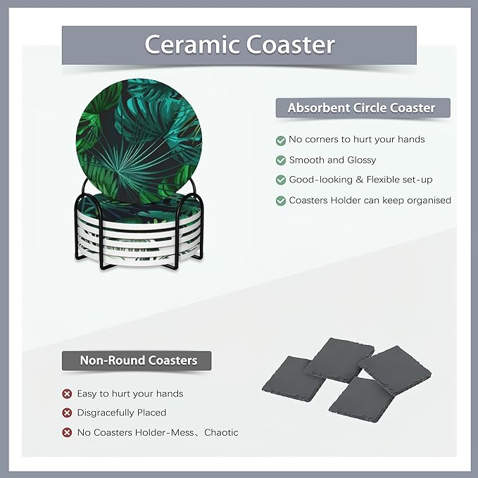 Drink Coasters Set of 6 with Holder,Tropical Palm Leaves Green Absorbent Ceramic Coasters with Cork Base,Fit All Cups,Tabletop Protection Mat for Mugs and Cups,Office,Kitchen