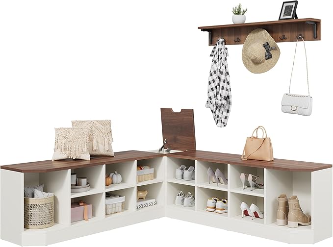DWVO 61" L-Shaped Shoe Rack with Bench and Hooks, Corner Shoe Cabinet with Hidden Storage, Coat Rack & Seating for Entryway, Hallway, Bedroom, 61" D x 61" W x 18" H, White & Walnut