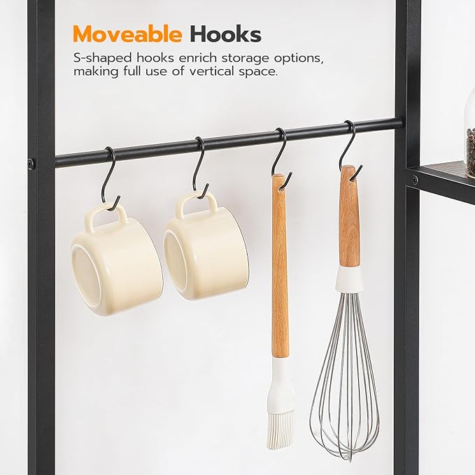 HOOBRO Bakers Rack with Power Outlet and LED Light, 6-Tier Microwave Stand with Wire Baskets, Coffee Bar Station, Kitchen Utility Storage Shelf with 4 Hooks, Rustic Brown and Black BF64UDHB01