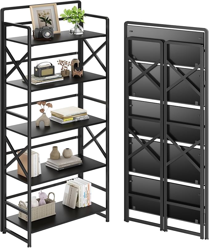 No Assembly Folding Bookshelf, 5 Tiers Vintage Wood Collapsible Book Shelf for Storage,Industrial Metal Foldable Bookcase Organizer for Living Room Bedroom Home Office (Black)