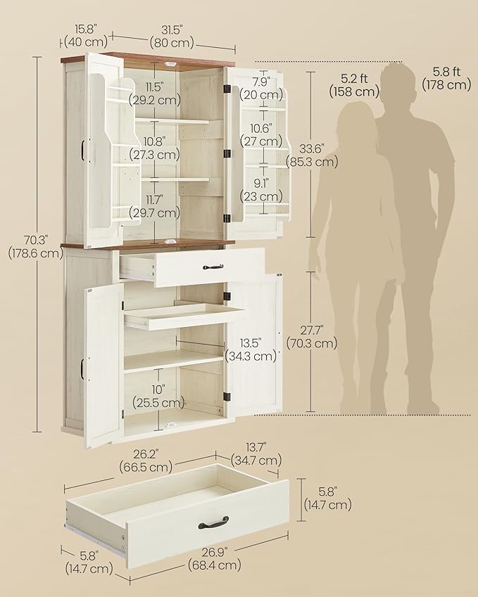 VASAGLE LIRY Collection - Pantry Cabinet, 70.3-Inch Tall Farmhouse Kitchen Storage Cabinet with Barn Doors, Drawer, Tray, Adjustable Shelves, for Kitchen, Dining Room, Rustic White UBBK364W01
