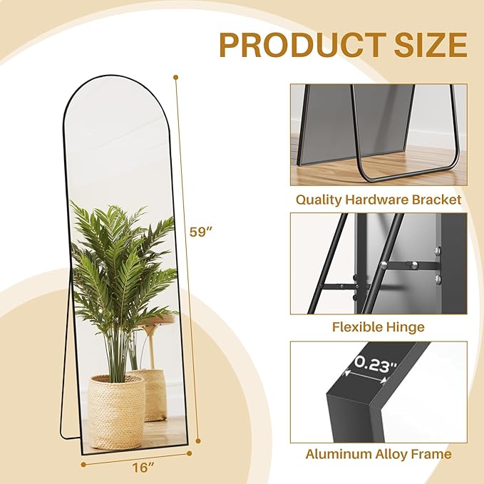 Mirror Full Length 59"x16" Arched Floor Mirror with Stand, Aluminum Alloy Frame & Shatterproof Glass Full Body Mirror, Freestanding Hanging or Leaning Wall Mirrors for Bedroom Closet Living Room