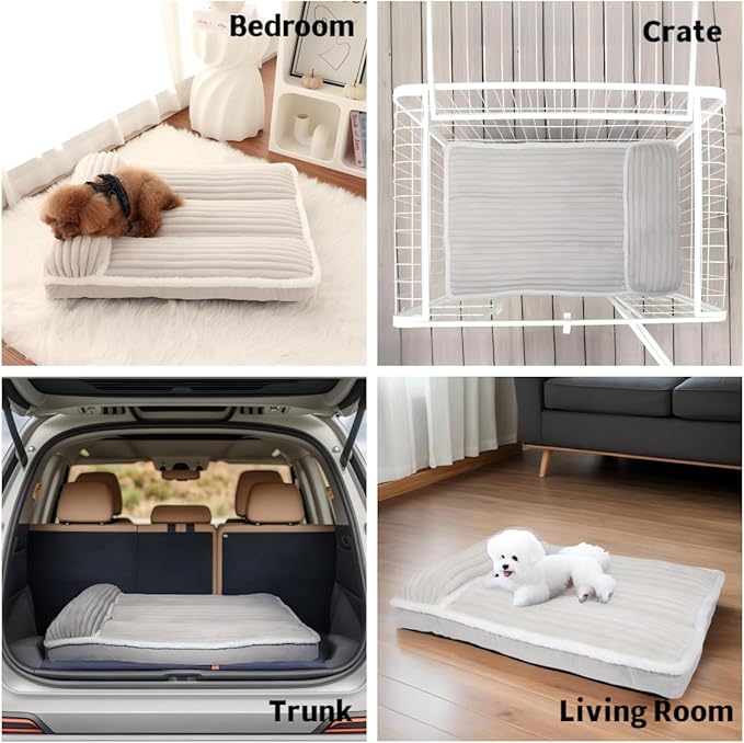 Luxury Dog Bed with Pillow Cute Flannel Pet Bed with Removable Washable Cover & Anti-Slip Bottom, Fluffy Dog Mat for Crate Kennel (Cream, XX-Large(46x30x4in))