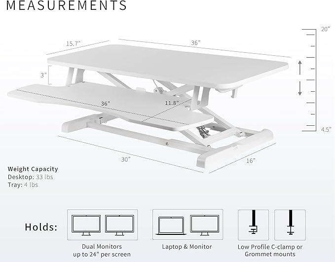 VIVO 36 inch Desk Converter, K Series, Height Adjustable Sit to Stand Riser, Dual Monitor and Laptop Workstation with Wide Keyboard Tray, White, DESK-V036KW