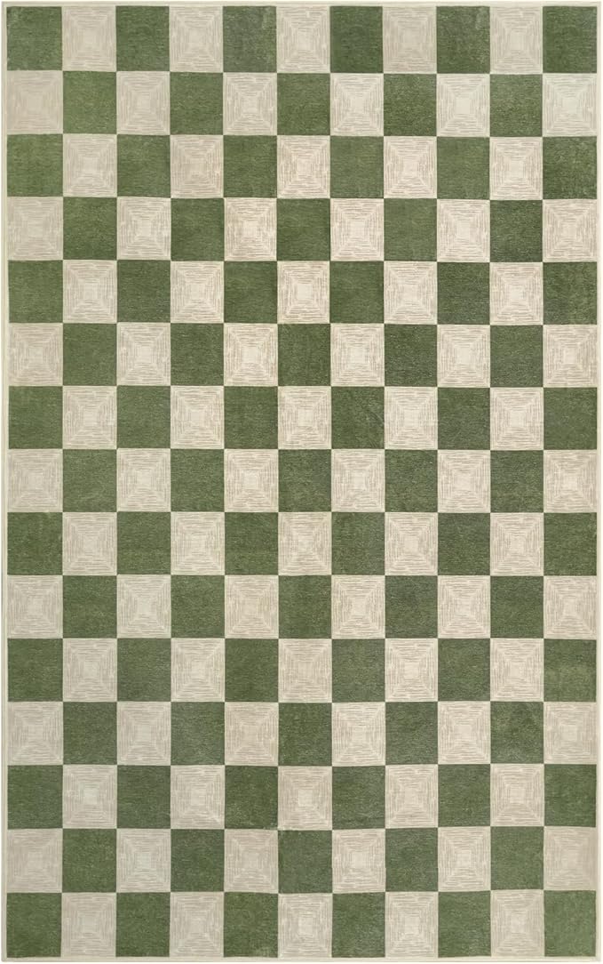 5x8 Checkered Washable Area Rug, Non-Slip Farmhouse Checkerboard Carpet for Living Room, Neutral Rug for Bedroom, Boys Room,Dining Room or Office