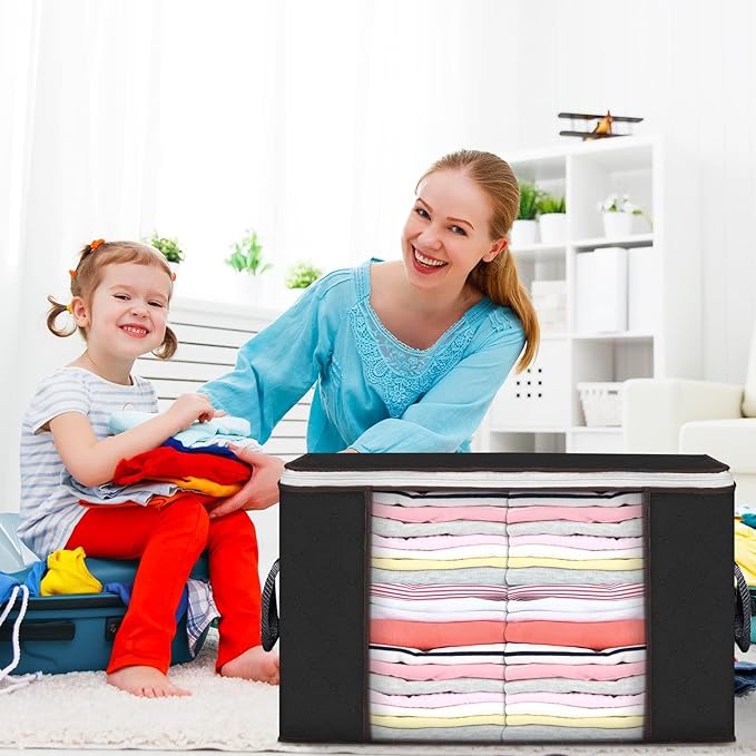 Budding Joy 90 L Large Storage Bags, 10 Pack Clothes Storage Bins Foldable Closet Organizers Storage Containers with Reinforced Handle for Clothing, Blanket, Comforters, Bed Sheets, Pillows (Black)