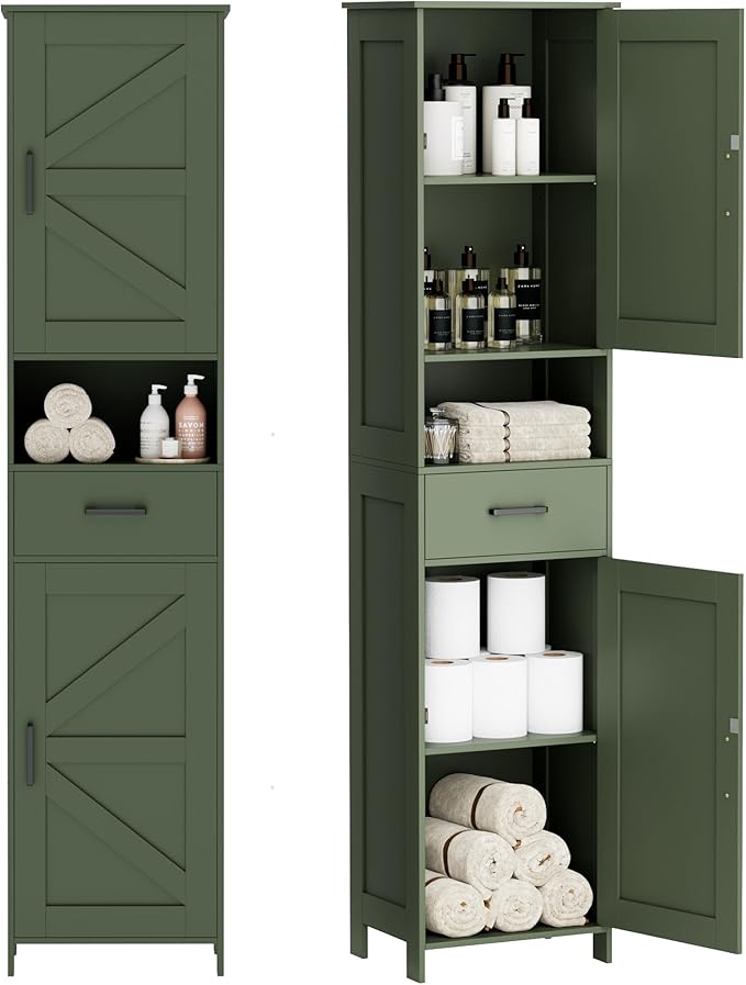 Homhedy 67" H Tall Bathroom Storage Cabinet with 2 Barn Doors and 1 Drawer, Narrow Storage Unit, Adjustable Shelves, Floor Cabinet for Bathroom, Living Room, Entryway, Kitchen, Green, (15.7" W)