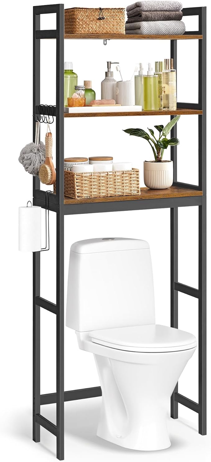 SONGMICS Over-The-Toilet Storage, 3-Tier Bathroom Organizer Over Toilet with Adjustable Shelves, Hooks, Bamboo, Freestanding Space Saver Bathroom Shelves, Rustic Brown and Ink Black UBTS012B01