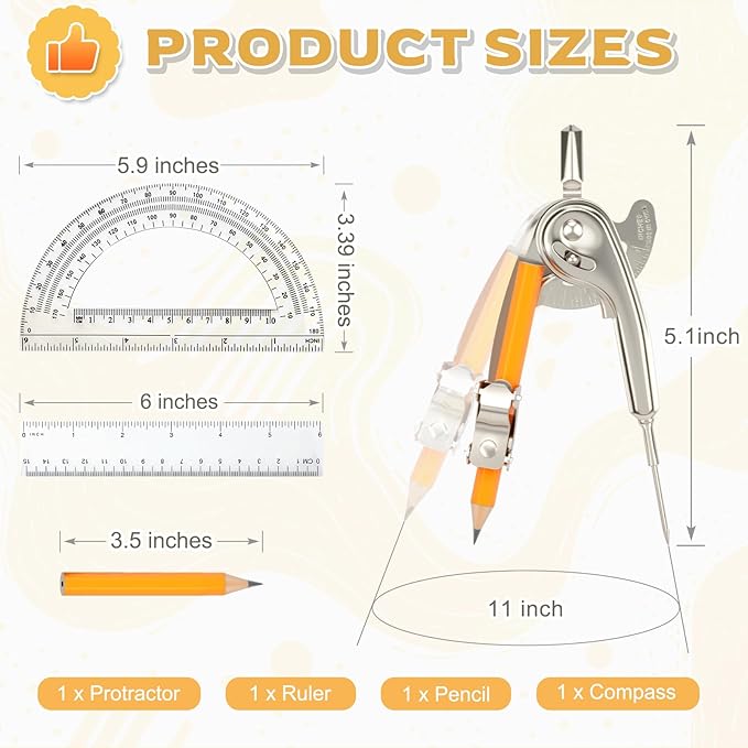 4 Pieces Geometry Math Set Compass for Geometry Math Compass and Protractor Set Include Metal Compass with Pencil Plastic Ruler and Protractor for Student School Office Woodworking Drawing Tools
