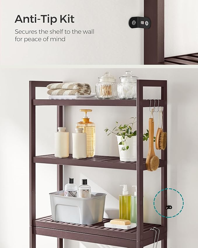 SONGMICS Over The Toilet Storage, 3-Tier Over Toilet Bathroom Organizer with Adjustable Shelf, 10.2 x 24.8 x 66.9 Inches, Space-Saving, Brown UBTS01BR