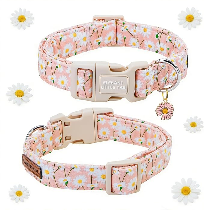Elegant little tail Dog Collar, Pink Daisy Print Spring Soft Cotton Puppy Collars Adorable Female Pet Gift Lightweight Plastic Adjustable Dog Collar for Medium Dogs